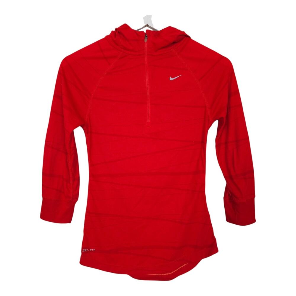 Nike Dri-Fit Red Hooded Running Shirt Quarter Zip Key Pocket XS